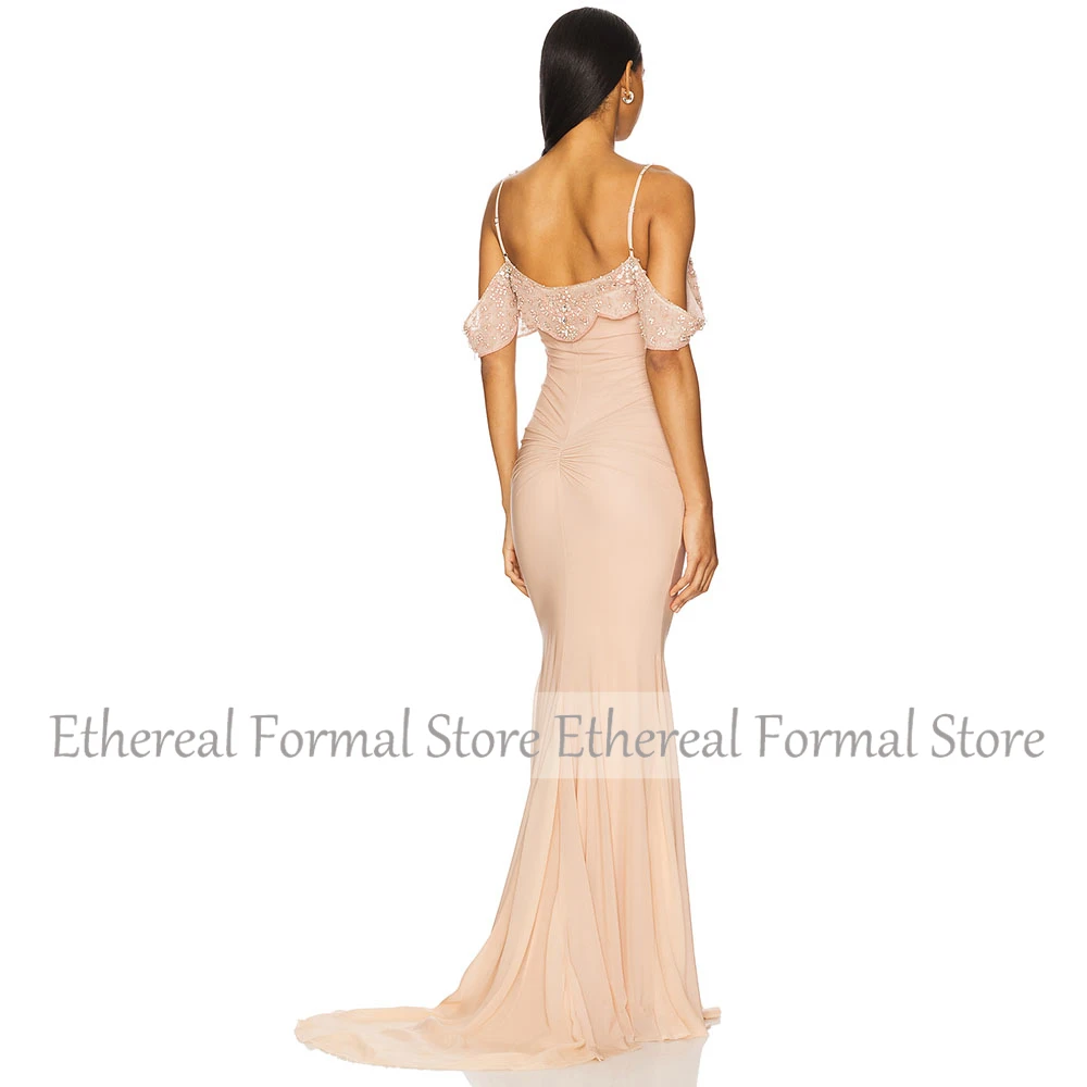 결혼식을위한 아름다움 이브닝 드레스 인어 오프 어깨 구슬 여성 이브닝 가운 민소매 바닥 길이 공식 드레스