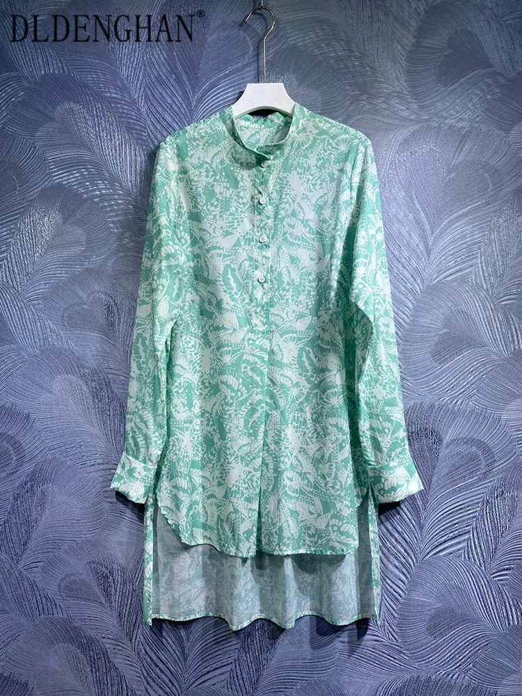 

DLDENGHAN Spring Summer Loose 100% Cotton Shirt Women Stand Collar Long Sleeve Single Breasted Vintage Print Shirt Designer New