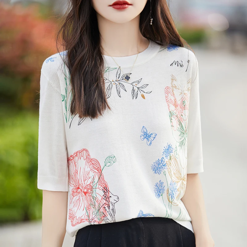 

Spring And Summer New Silk Worsted Wool Short-Sleeved T-Shirt Women's Round Neck Begonia flower Printed Top Slim Bottoming Shirt