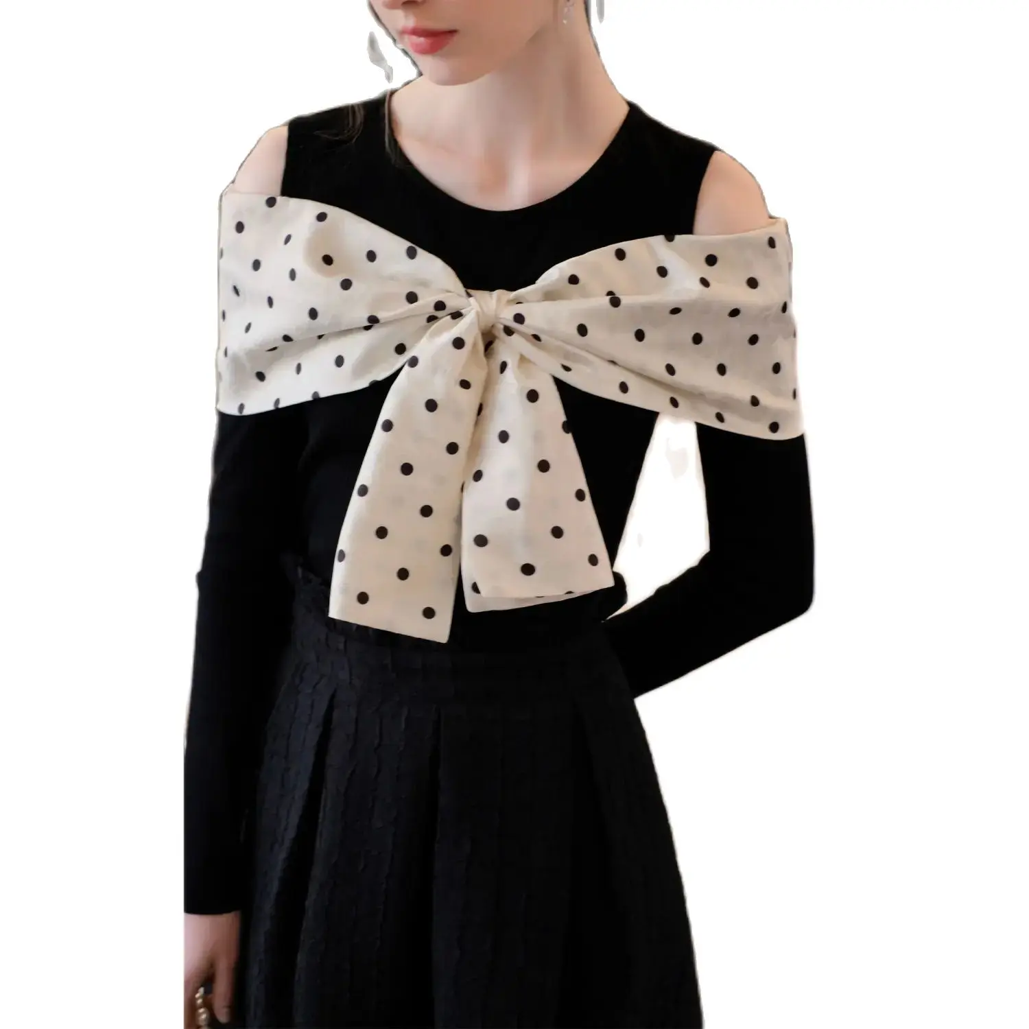 Skirt Suit French Temperament Bow Polka Dots Length Women'S Chic Color Collision Vintage Elegant Fall Office Women Two Piece Set