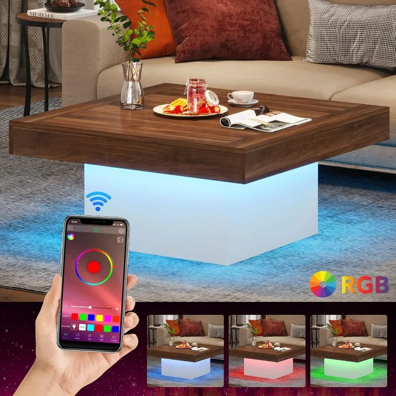 Tavolino da caffè Tavolino quadrato a LED Tavolino basso in legno ingegnerizzato per soggiorno (marrone retrò+bianco)