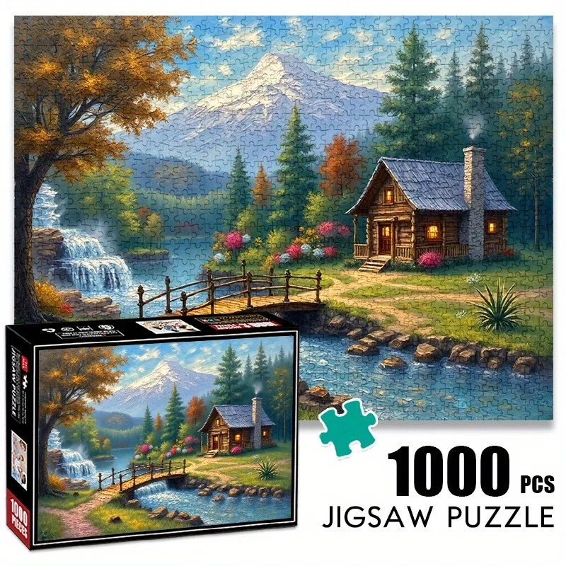 大人向けジグソーパズル 1000ピース - 静かな小屋、山、湖の風景、プレミアムペーパーパズル、傷防止＆防水、チャレンジ