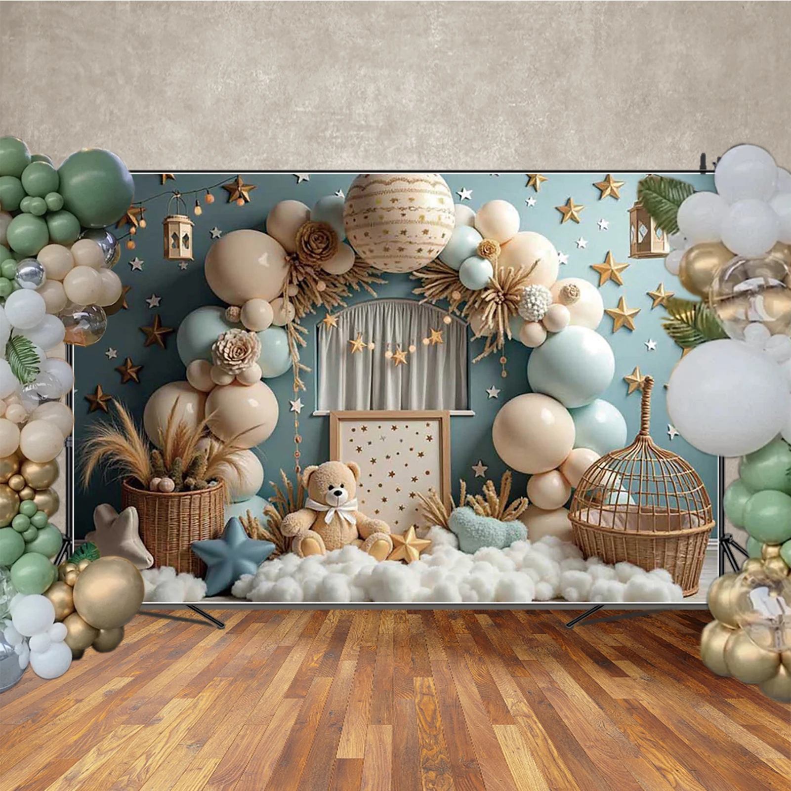 MOON.QG Baby Newborn Birthday Items Background Photography Teddy Bear Arch Balloon Star Photocall Backdrop Children Studio Sets