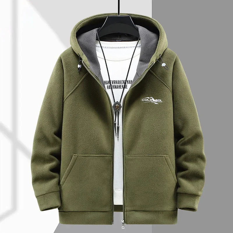 2024 Men\'s Hooded Shirt Long Sleeve Thickened Polar Fleece Zip-up Hoodies Warm Autumn Winter Jacket Male Big Size 12XL 10XL Plus