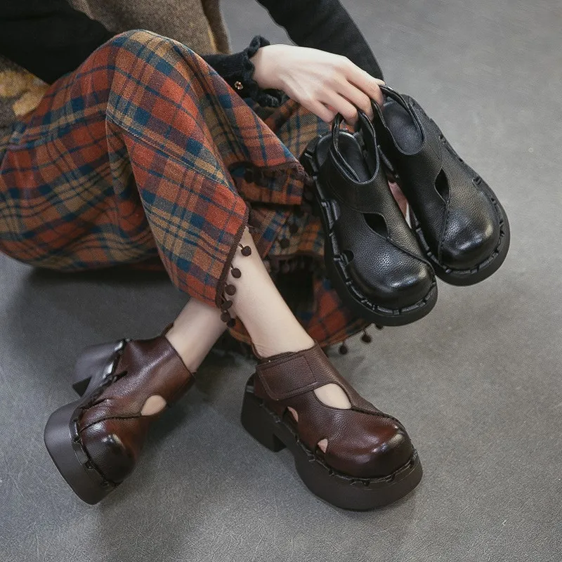 

GKTINOO 2026 Summer New Genuine Leather Height Increasing Thick Soled Sandals Round Toe Women's Platform Shoes