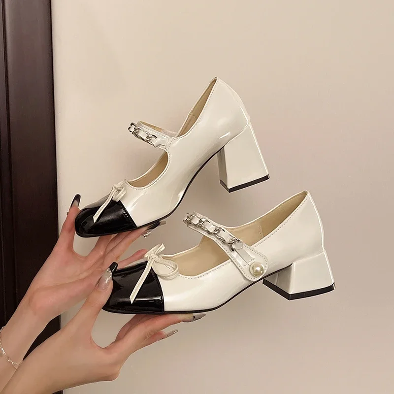 2025 Lolita Style Cute Round Head  Jane Pumps With Bow Women's Sweet Party Dress Midi Heels Shoes Fashion PU Sandals Fashion New