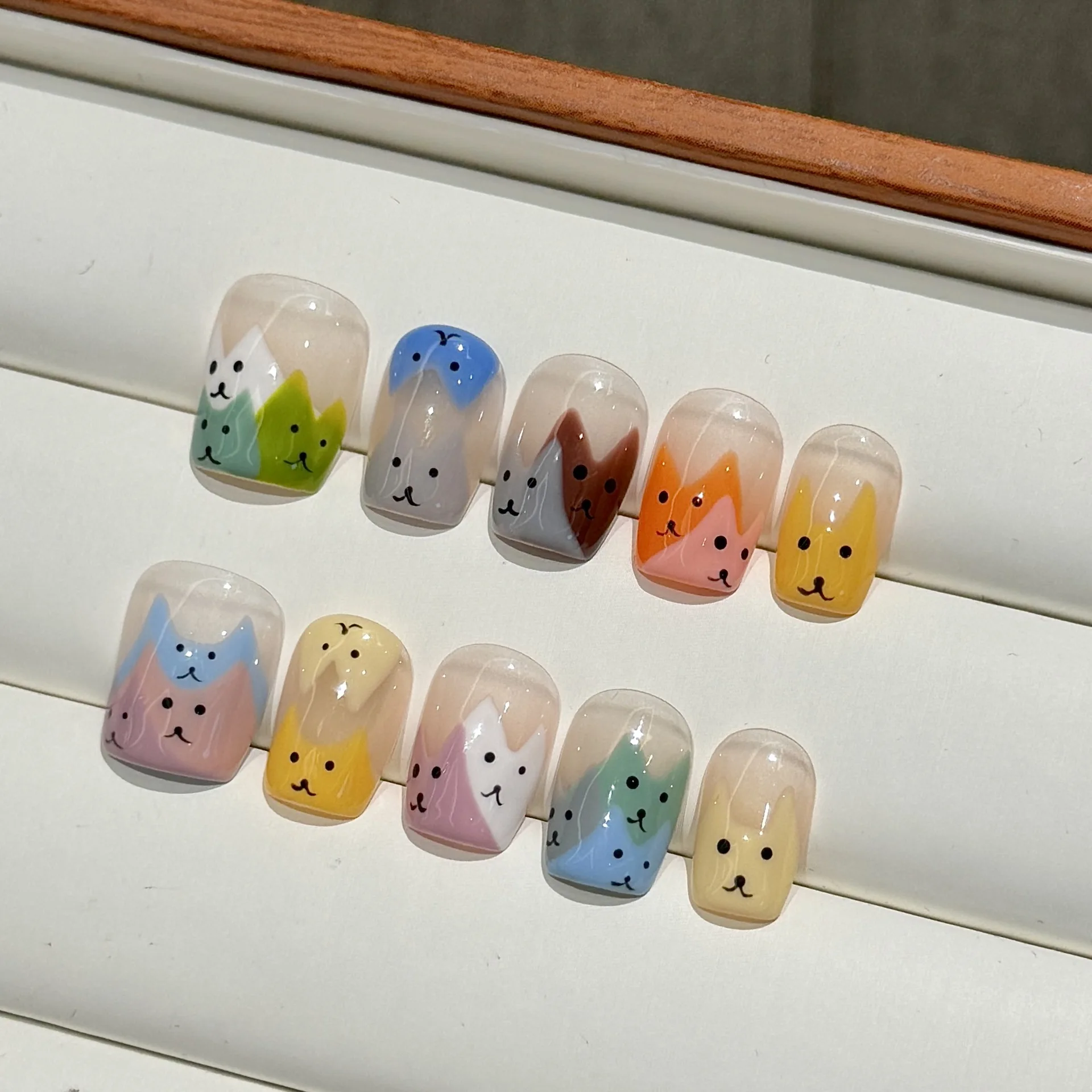 Press On Nails Handmade Colourful Cute Handpainted Cat Dopamine Childish Short Fake Nail Patches Removable Reusable