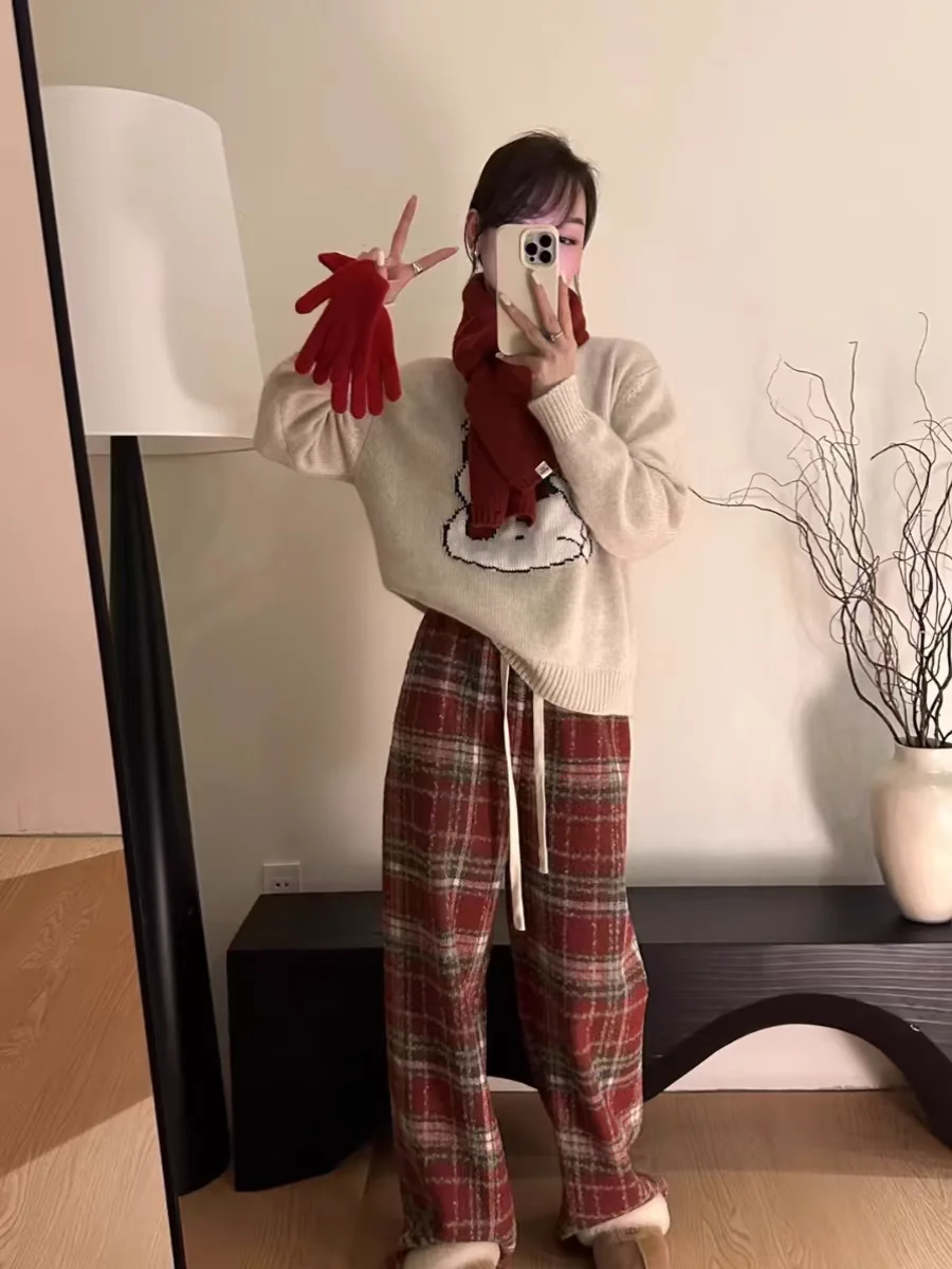 Karierte Damenhose im neuen Stil, Retro-Wolle, weites Bein, lässig, kurz, hängend, gerades Bein, modische Retro-Kleidung