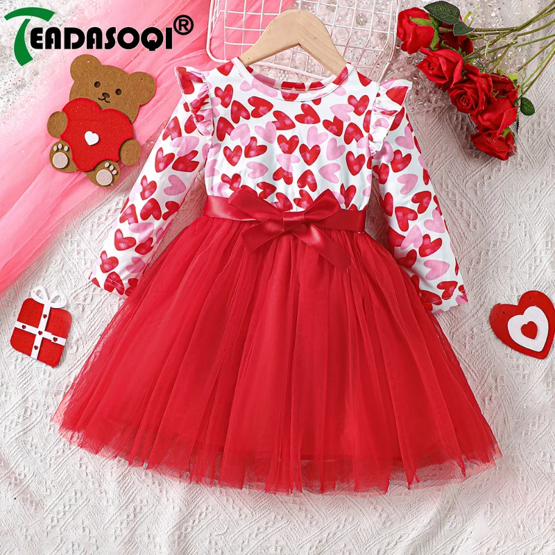 1-7Y Kids Girls Valentines Day Party Dress Long Sleeve Fly Shoulder Mesh Tulle Lace Patchwork Love Heart Print Princess Dresses