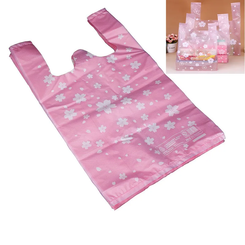 100pcs/lot Supermarket Shopping Plastic bags Pink Cherry Blossom Vest bags Gift Cosmetic Bags Food packaging bag Candy Bag