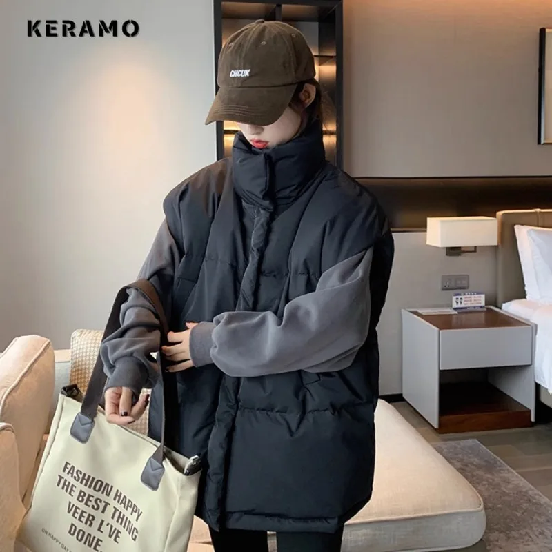 Imagem -06 - Colete Folgado Estilo Casual Coreano Feminino Bolsos sem Mangas Jaqueta com Zíper Decote em v Cabolsa Monocromático Outono Inverno 2023