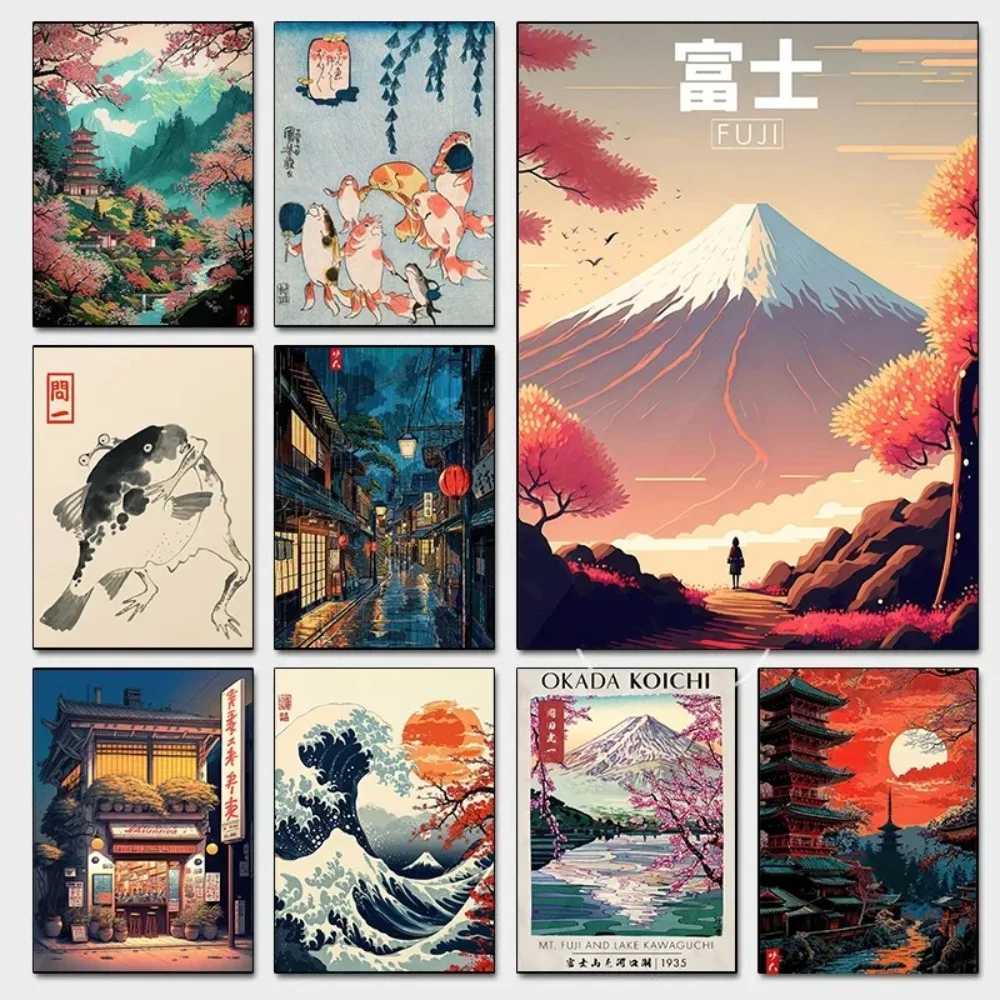 1 قطعة فرملس الرجعية اليابانية فوجي زهرة المعرض المشارك القط Ukiyo-e المقهى طباعة قماش اللوحة ديكور غرفة المعيشة المنزلي #1