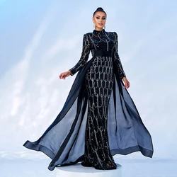 Women Luxury Party Dresses Long Sleeve O Neck Black Sequined Formal Occasion Evening Cocktail Prom Mermaid Dress