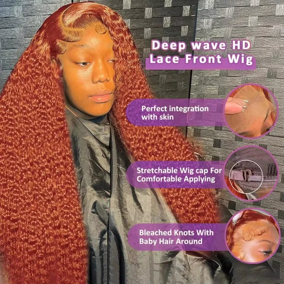 SoulGlow 40 بوصة 350 الزنجبيل غريب مجعد 13x6 HD الدانتيل الجبهة خصلات الشعر المستعار الإنسان برتقالي اللون موجة عميقة 13x4 شعر مستعار أمامي للنساء