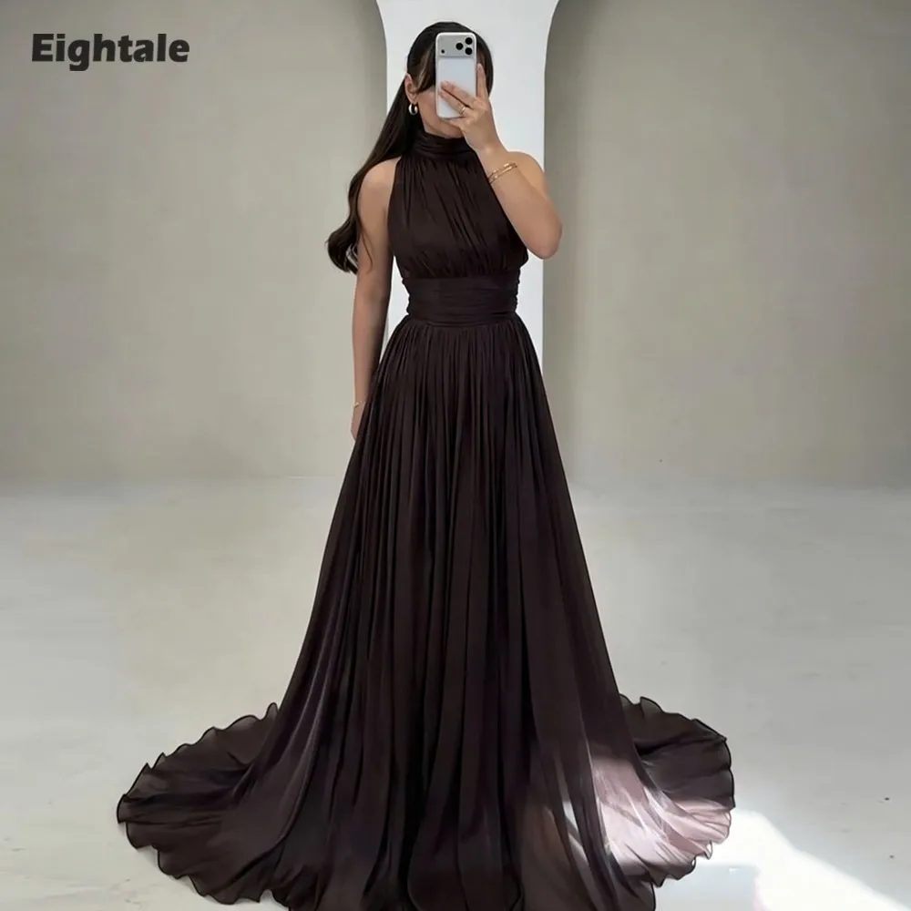 

Eightale Arabic Evening Dress High Neck Floor Length Crepe Customized Brown A-Line Pleats Prom Wedding Party Gown