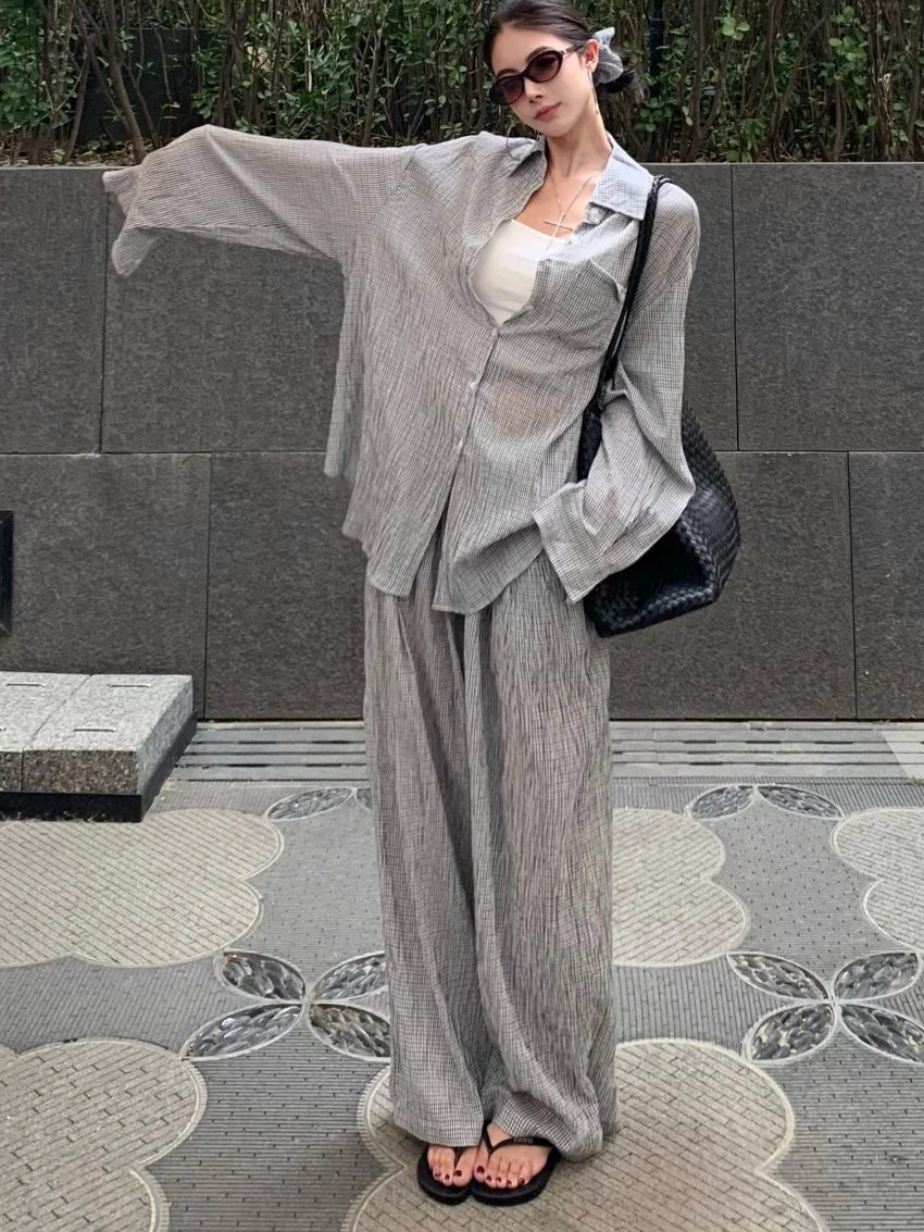 Alien Kitty Hot Sale Damessets Office Lady Chic Nieuwe Casual Shirts 2025 Zonnebrandcrème Herfst Volledige mouw Wijde pijpen Losse broekpakken