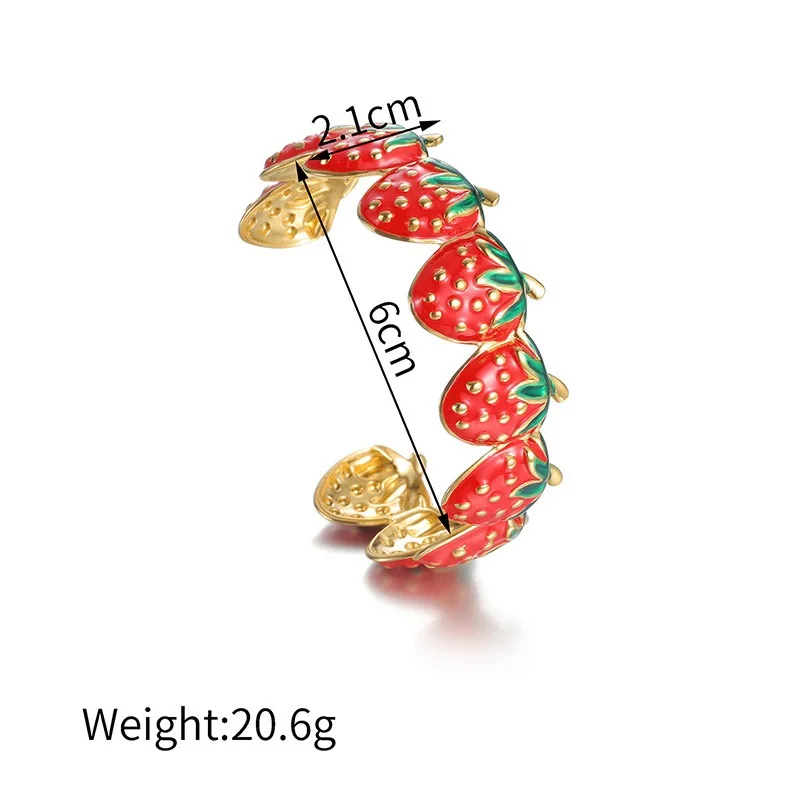 3PCS, Red & Colorful Enamel Strawberry Sweet Open Cuff Bracelet Bangle Hot Style Stainless Steel Golden Wrist Fruit Jewelry