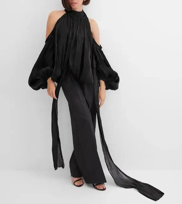 

2026 Spring Style Hanging Neck Straw Collar Long Sleeve Off Shoulder Top for Women's Niche Design Sense Gold Silver Silk Shirt