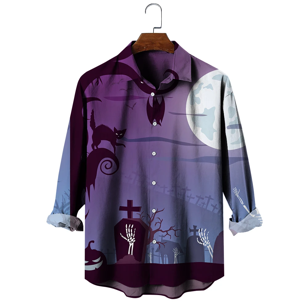 Camisa de manga larga con solapa abotonada para hombre y mujer, camisa de ocio transpirable con estampado de Castillo nocturno a la moda, Tops de gran tamaño para Halloween