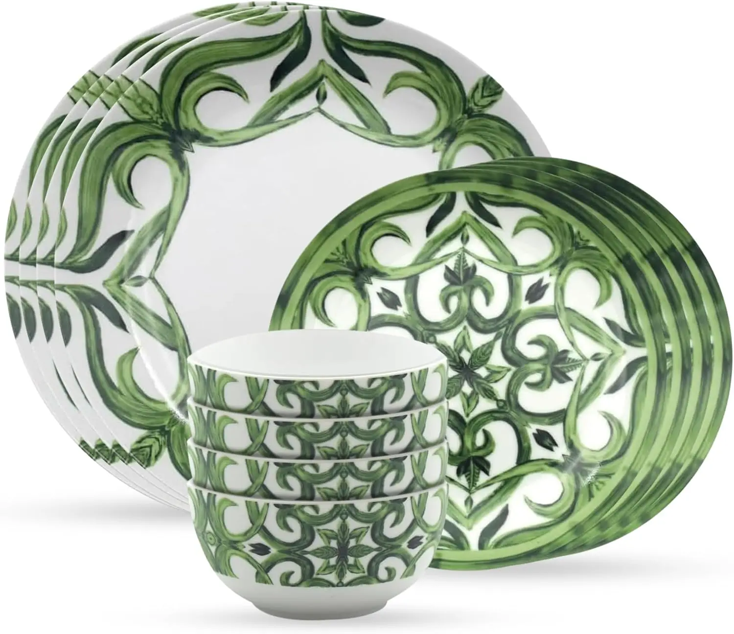 

Amalfi Porcelain 12Pcs Dinnerware Set - Green & White Finish Design | 4 Cereal Bowls (5.5"), 4 Salad Plates (7.5"), 4 Dinner Pla