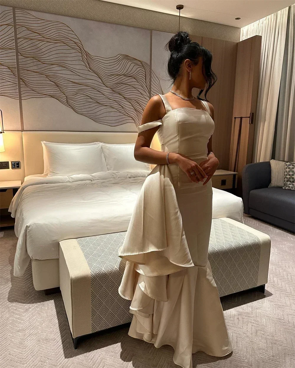 

Elegant Exquisite Prom Dresses Satin Mermaid Dress Champagne Square Neck Ruffles Ruched Evening Party Gowns for Women Customized