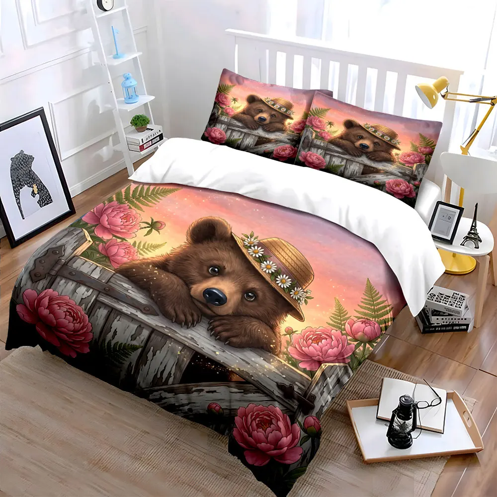 Bear at fence under sunset glow Bedding Set for Kids Luxury Gift 3pcs Digital Print Comforter Set Soft Comfortable Breathable