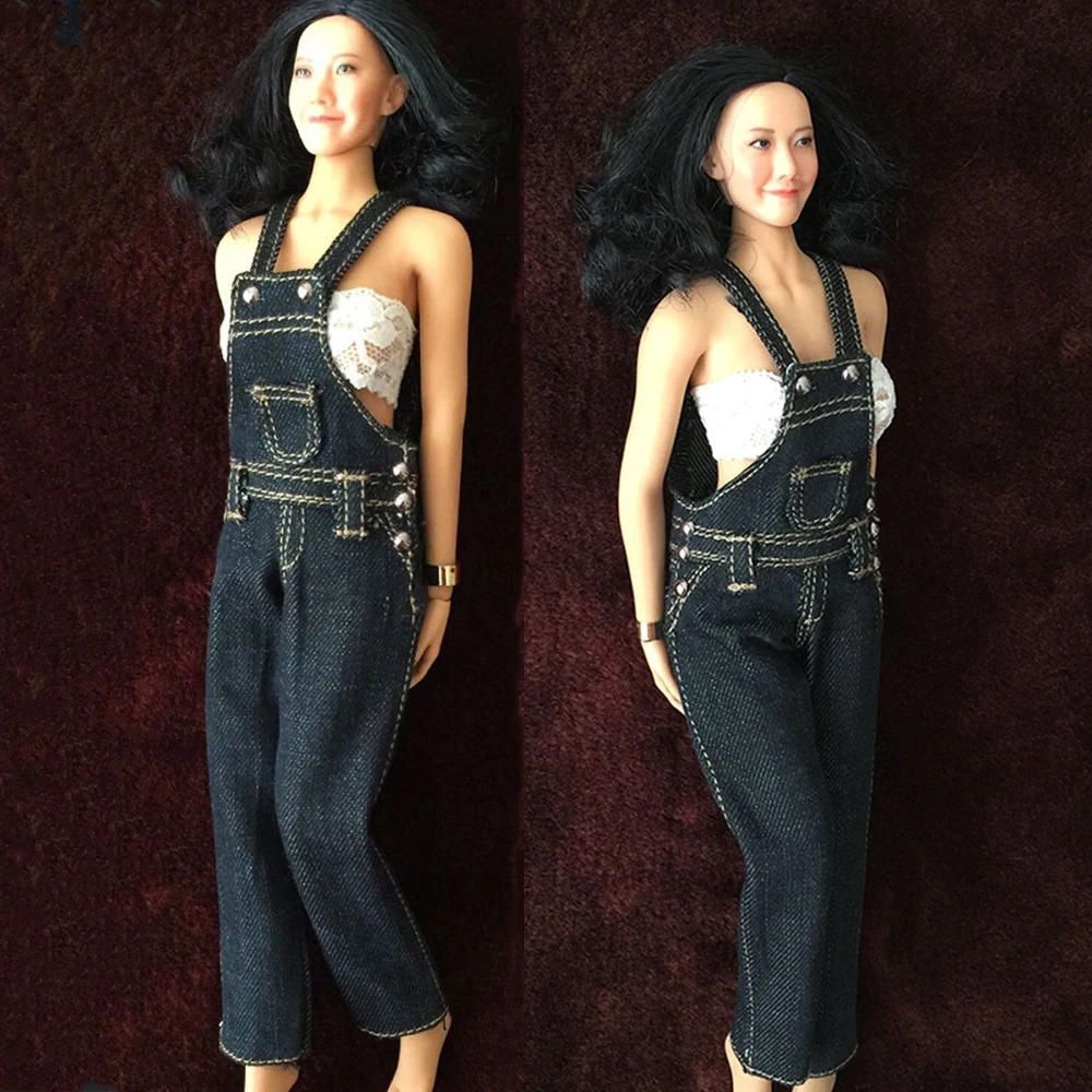 

1/6 Female Soldier Jeans Denim Sleeveless Blue Denim Jumpsuit Streetwear Long Pants Overalls For 12Inch Action Figure Model