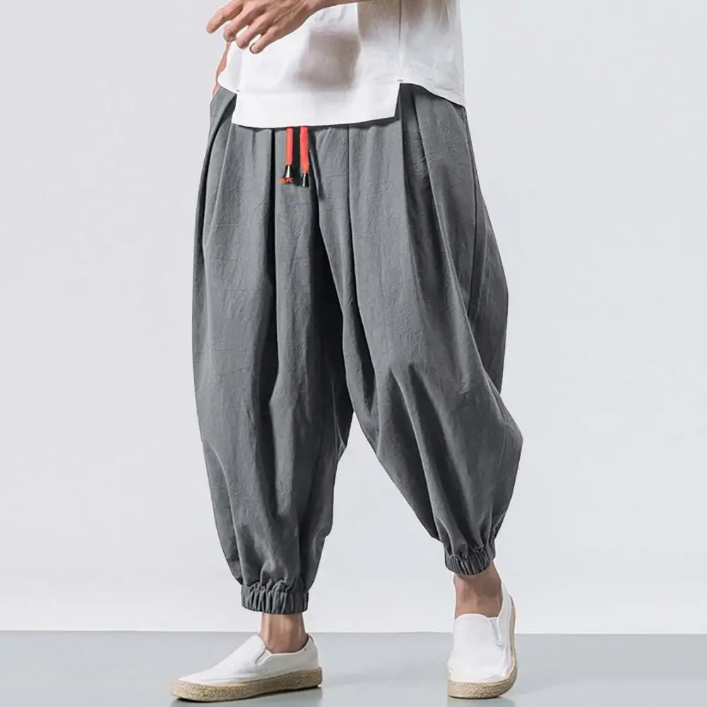 

Men Bloomers Jogging Pants Baggy Deep Crotch Drawstring Elastic Waist Plus Size Pockets Ankle-banded Casual Long Harem Trousers