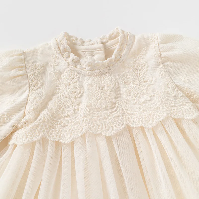 Spring and Autumn Baby Girl Lace One-Year-Old French Style Dress Birthday Full Moon Fashionable Soft Tulle Long Sleeve Princess