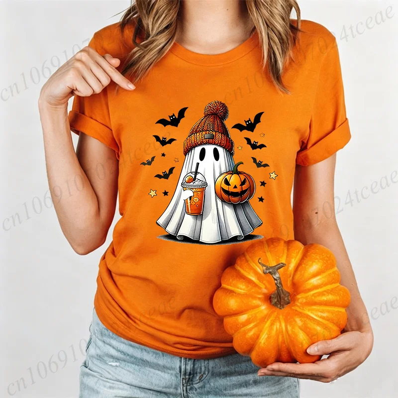 Damen Halloween T-Shirt mit Geister-, Kürbis- und Fledermaus-Motiv, Kurzarm, O-Ausschnitt, Lässiges Oberteil für eine fröhliche Halloween-Party, lockeres Sommer-Top – Detail 3