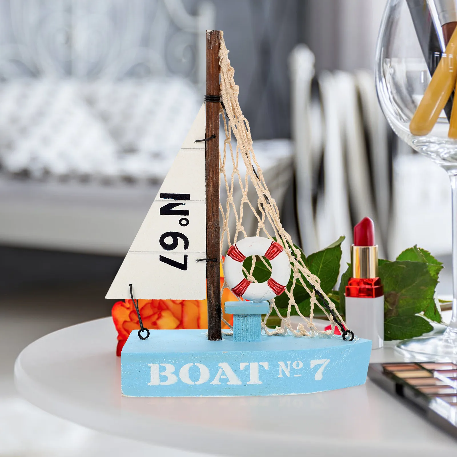 

Realistic Detail Wooden Sailboat Ornament Mediterranean Design Desktop Sailing Boat Decor for Banquet Reception Party Nautical