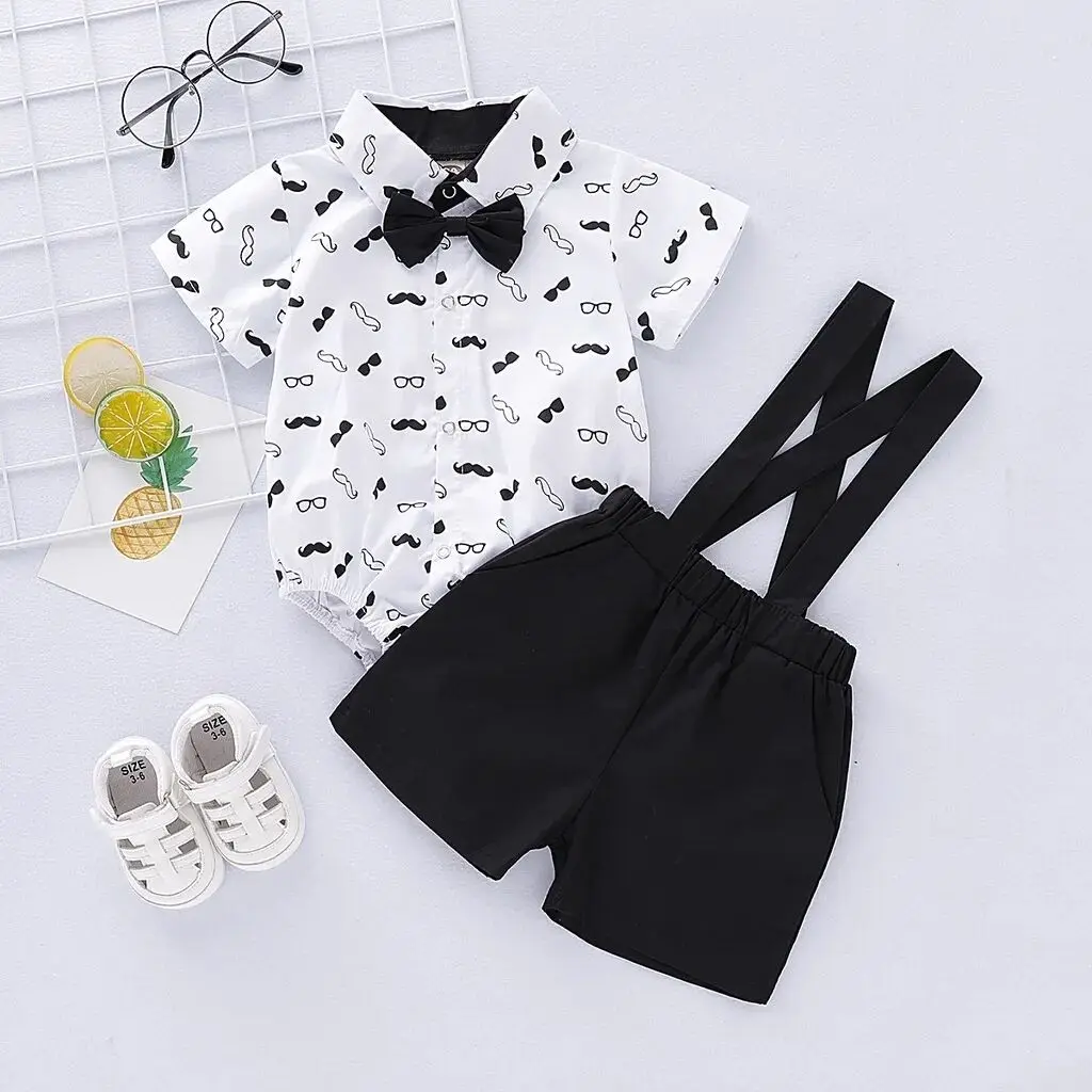 

2PCS Summer Baby Boys Clothes Short Sleeve Bodysuit with Bow+Suspender Shorts Wedding Party Gentleman Set for Toddler 0-2 Years