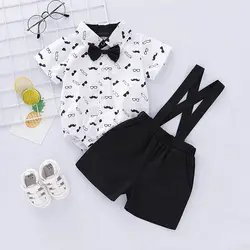 2PCS Summer Baby Boys Clothes Short Sleeve Bodysuit with Bow+Suspender Shorts Wedding Party Gentleman Set for Toddler 0-2 Years