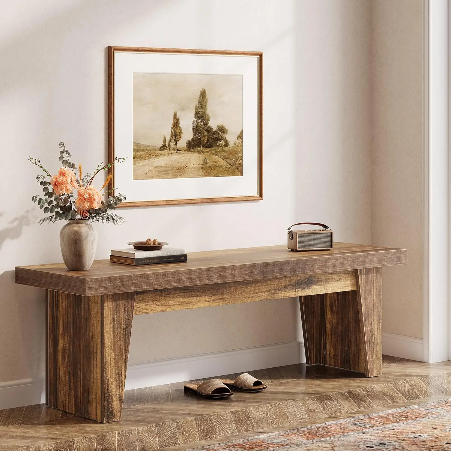 

Деревянная скамья для прихожей 55 дюймов, длинное сиденье в стиле фермерского дома, табурет для конца кровати с местом для хранения для прихожей, гостиной