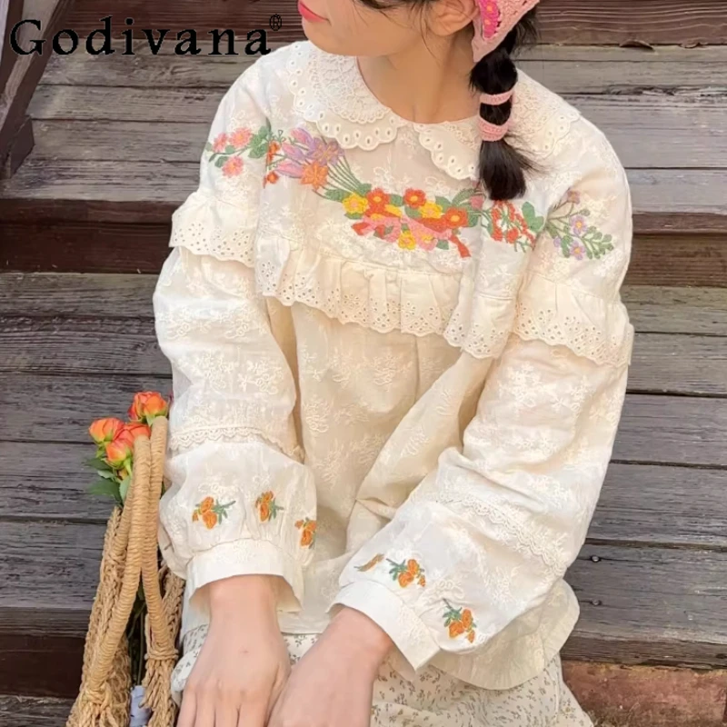 

Spring New Japanese Sweet Embroidery Long Sleeve Pullover Loose Shirt Cute Girl Lace Peter Pan Collar Elegant Lolita Tops