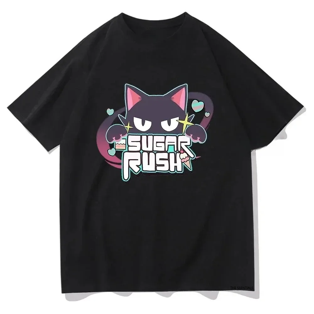 Cute Cartoon Black Cat Graphic T Shirt Unisex Sugar Rush Letter Print Crew Neck Casual Short Sleeve Streetwear Tops