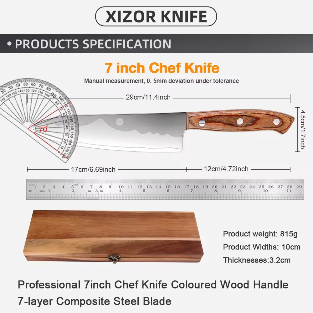 Razor Sharp Chef Knife Kitchen Slicing Knife 7-Layer Composite Steel 10CrMov Core  with Solid Wooden Knife Case Cutting Board