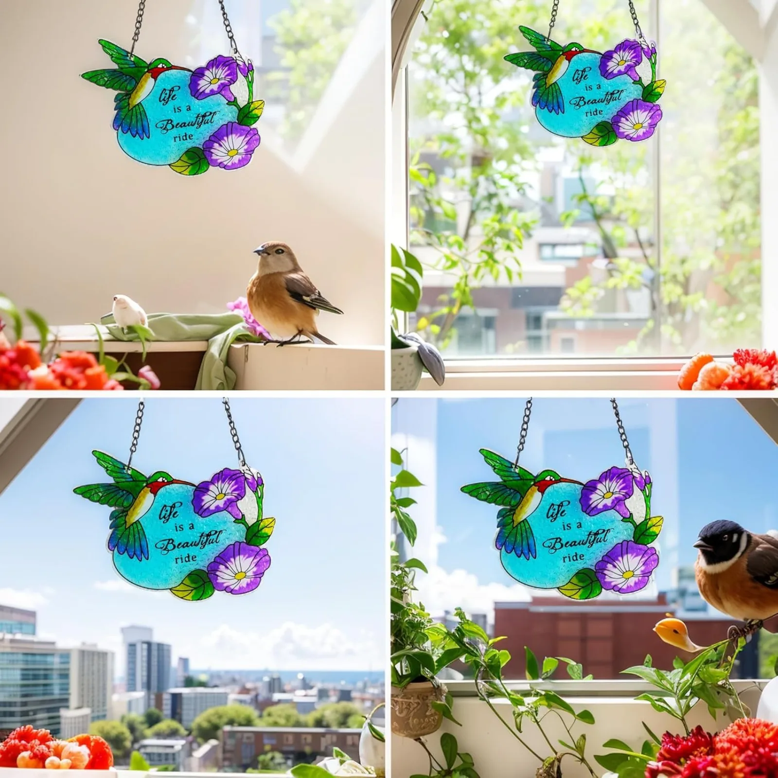 Stained Glass Hummingbird Suncatcher - หน้าต่างแขวนสําหรับตกแต่งบ้าน, ของขวัญนกสําหรับยาย, แม่, และคนรักนก