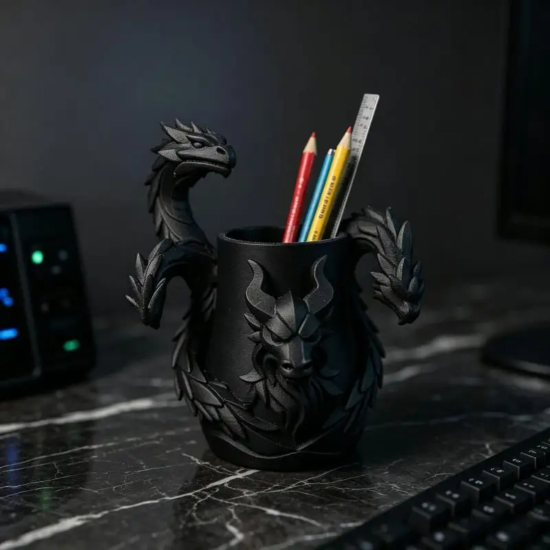 Decorative 3D Printed Dragon Pen Holder 1Pc Three Headed Desktop Stationery Organizer for Office Home Holiday Gift