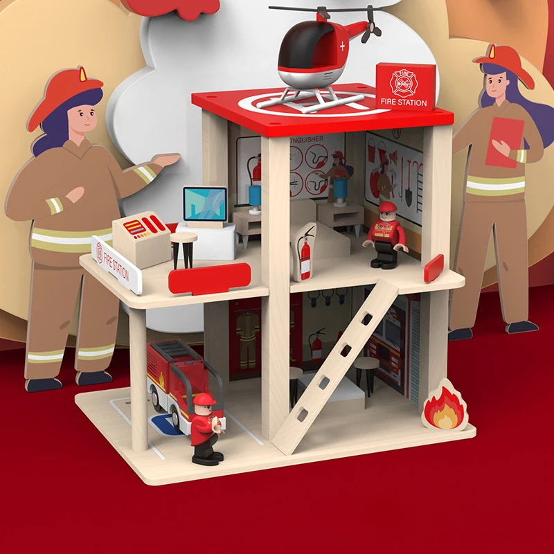 Role Play Game Wooden Simulation Fire Station Doll House Kids Toy