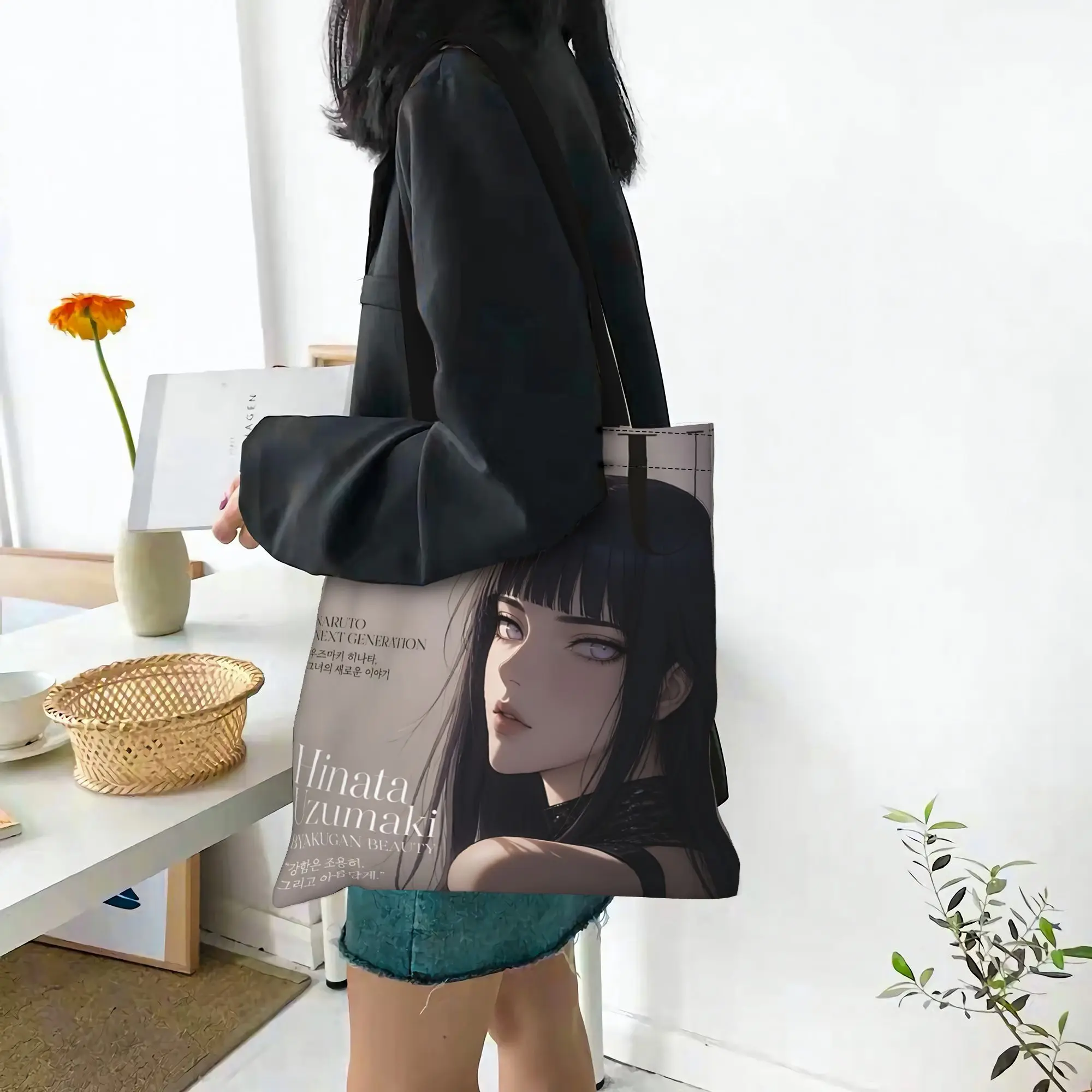 Customized Naruto Anime Theme Women's Bag Shopping Bag Reusable Double Sided Canvas Tote Bag Shoulder Hinata Handbag