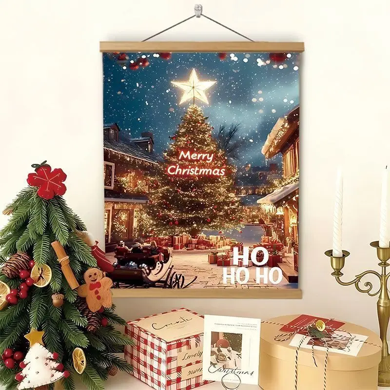 VIKAMA Wall Tapestry Snowy European Town Carousel Night Christmas Tree Lights Winter Holiday Wall Hanging Home Decor Living Room