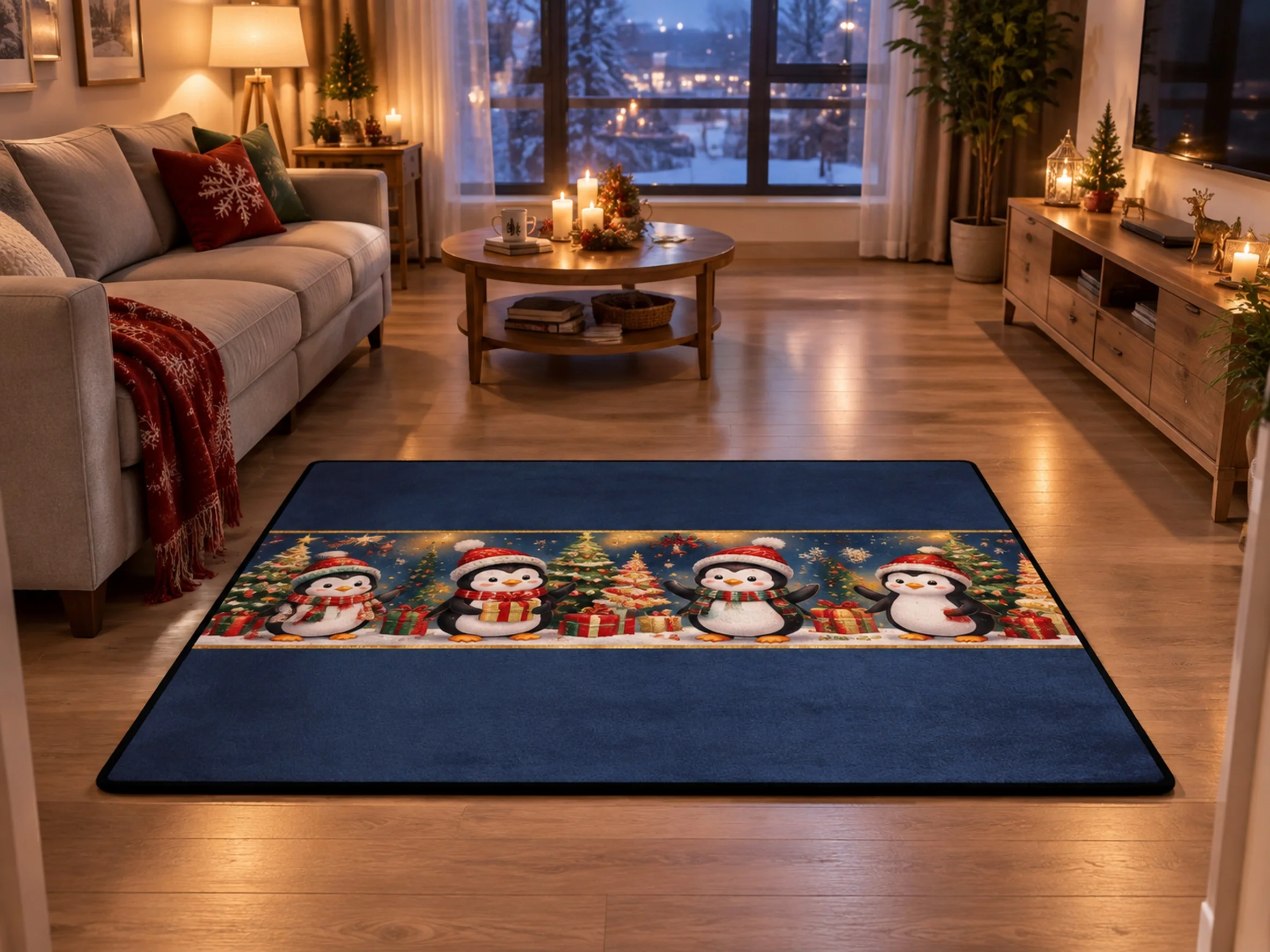 VIKAMA Christmas Navy Gold Penguin Flannel Door Mat, Anti-Slip Washable Xmas Rug, Xmas Decor for Living Room, Kitchen, Bathroom