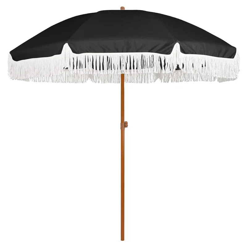 ※a C Outdoor Wooden Pole Black Beach Umbrella CustomTassel Beach Luxury Wooden Umbrella Wholesale Custom Parasol Umbrella