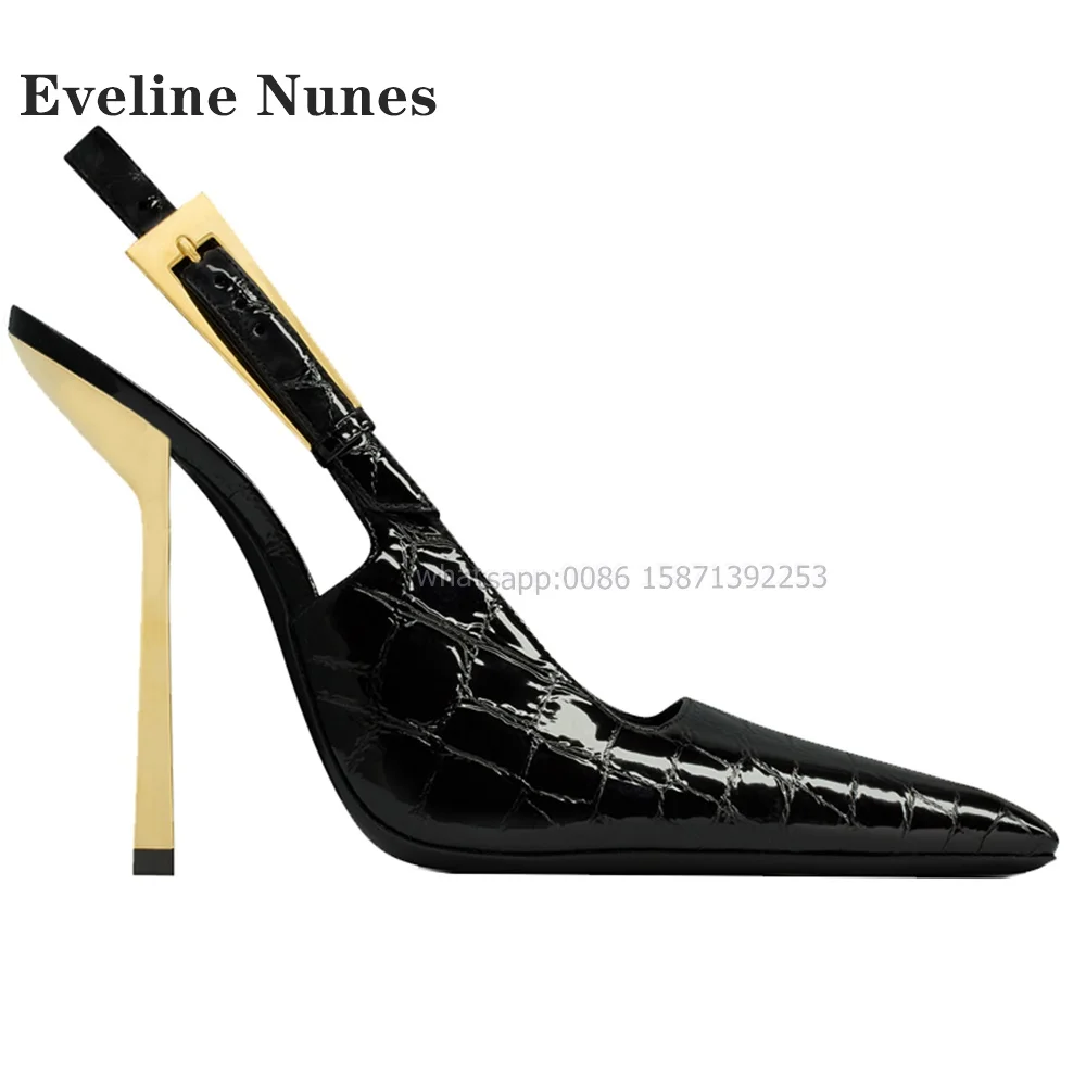 

Black Patent Leather Sexy Sandals Pointed Toe Metal Heel Black Buckle Strap Side Air Women Heels Slingback Elegant Shoes Summer