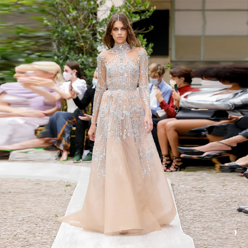 

Роскошное элегантное банкетное вечернее платье с высоким воротником и длинным рукавом, украшенное кристаллами и блестками, свадебное платье для выпускного вечера