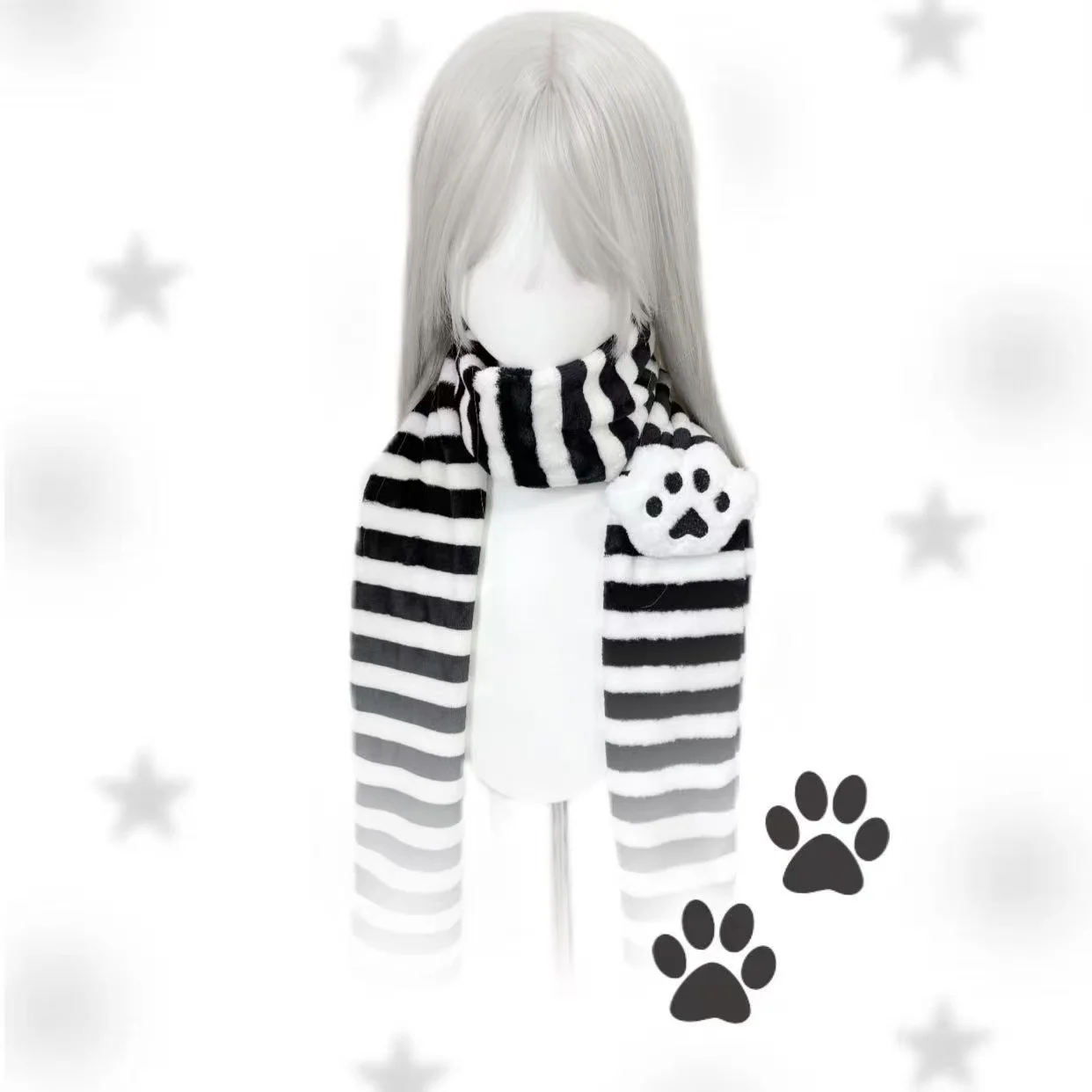 Subculture Y2K Original Striped Scarf Japanese Cute Removable Black and White Cat Claws Secondary Yuan Jk Girl Scarf