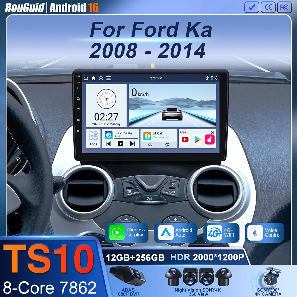 

Android 16 Carplay For Ford Ka 2008 - 2014 Auto Radio Stereo Car Multimedia Video Player GPS Navigation QLED Touch Screen 4G DSP