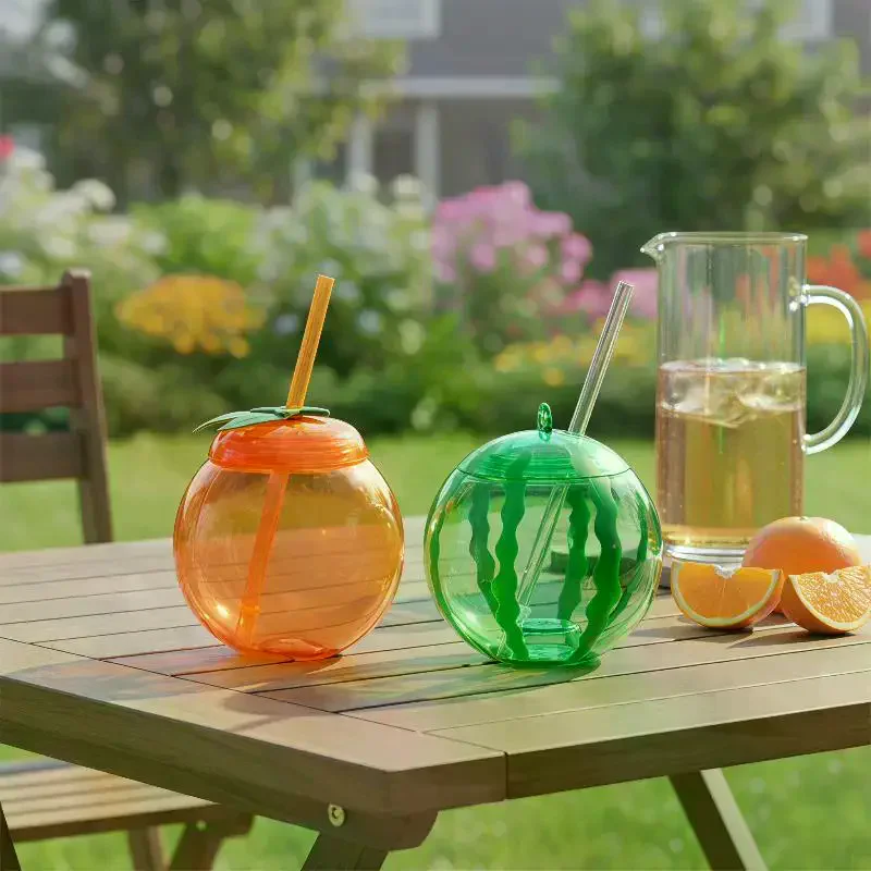 Quirky Fruit Shaped Drinking Bottle with Straw for Parties and Picnics Orange Watermelon Style