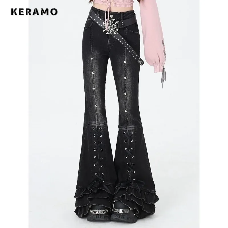 2024 Autumn Harajuku Sheath High Waist Jeans Female Retro Y2K Belted Design Flared Pants Women's Vintage Slim Fit Denim Trouser